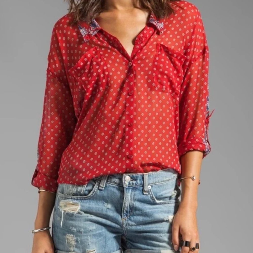 Free People Easy Rider Red Paisley Button Down Blouse - M
